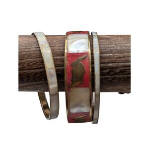 Vintage Lot of Three MOP Inlay Brass Bangle Bracelets